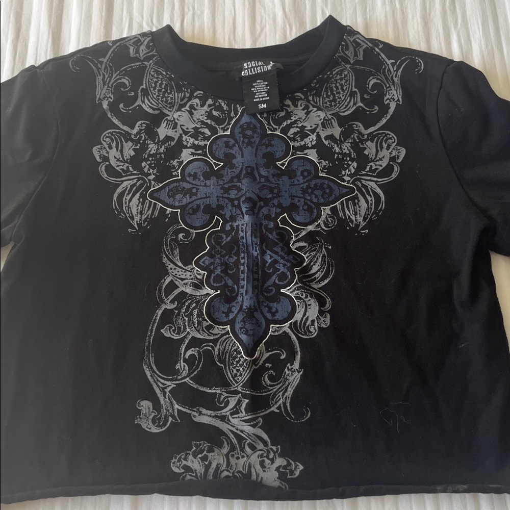 Black Social Collision Graphic Shirt with Mesh Sleeves - Picture 3 of 5